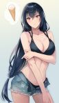 1girl arm_under_breasts bikini bikini_top_only bikini_under_clothes black_bikini black_hair breasts closed_mouth cowboy_shot cutoffs denim denim_shorts highres ice_cream_cone kantai_collection kasumi_(skchkko) large_breasts long_hair low-tied_long_hair nagato_(kancolle) red_eyes short_shorts shorts solo spoken_food swimsuit thought_bubble 