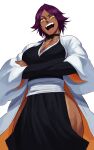  absurdres alternate_hair_length alternate_hairstyle black_choker bleach breasts choker cosplay crossed_arms dark-skinned_female dark_skin haori highres hip_vent japanese_clothes large_breasts looking_at_viewer parted_bangs purple_hair sash shihouin_yoruichi short_hair sotcho sui-feng sui-feng_(cosplay) taichou_haori teeth upper_teeth_only white_background white_sash wide_sleeves yellow_eyes 
