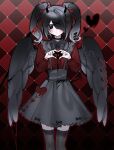  1girl alternate_costume ame-chan_(needy_girl_overdose) black_bow black_choker black_collar black_eyes black_hair black_horns black_nails black_thighhighs black_wings bow choker closed_mouth collar collared_shirt commentary cowboy_shot demon_horns english_commentary feathered_wings grey_skirt hair_bow hair_ornament hair_over_one_eye hairclip hands_up heart heart_hands highres horns long_hair long_sleeves looking_at_viewer mokiette nail_polish needy_girl_overdose red_background red_bow red_shirt shirt shirt_tucked_in skirt solo standing suspender_skirt suspenders thighhighs twintails wings x_hair_ornament 