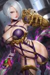  1girl armor blue_eyes breasts cleavage gauntlets gloves hair_over_one_eye highres huge_breasts indoors isabella_valentine lipstick looking_at_viewer makeup mature_female navel neoartcore revealing_clothes short_hair single_gauntlet skindentation skull solo soulcalibur thighhighs thighlet weapon whip_sword white_hair 