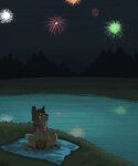  2012 4th_of_july ambiguous_gender bedding blanket blue_(bluekyokitty) blue_eyes blue_inner_ear blue_nose blue_tongue bluekyokitty canid canine canis cel_shading detailed_background digital_drawing_(artwork) digital_media_(artwork) digitigrade domestic_dog feral fireworks grass grey_sclera head_tuft herding_dog lake mammal neckerchief night one_ear_up open_mouth outside pastoral_dog pawpads paws plant sebdoggo shaded sitting sitting_on_blanket smile solo stars_and_stripes tongue tree tuft united_states_of_america water welsh_corgi white_pawpads 