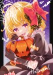 1girl black_dress black_gloves blonde_hair blush candy dress fang food frilled_sleeves frills gloves hair_ribbon halloween halloween_bucket halloween_costume happy_halloween highres jack-o&#039;-lantern looking_at_viewer open_mouth red_eyes red_ribbon ribbon rumia sakuyabm short_hair short_sleeves silk smile solo spider_web touhou 
