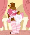  accessory anthro baby_clothing bear bottomwear bow_(feature) bow_accessory brown_bear butt clothed clothing clothing_lift cuddlehooves diaper diaper_under_clothing diaper_use furgonomics hi_res infantilism looking_at_viewer looking_back male mammal mockthebear skirt skirt_lift slightly_chubby solo solo_focus tail tail_accessory ursine wearing_diaper 