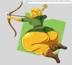  arrow_(weapon) big_butt blonde_hair blush blush_lines bottomwear bow_(weapon) butt butt_focus clothing female goo_creature goo_humanoid hair hi_res huge_butt huge_thighs humanoid hyper hyper_butt looking_at_viewer looking_back looking_back_at_viewer not_furry open_mouth question_mark ranged_weapon rear_view solo text thick_thighs topwear unknown_character veryfilthything weapon yellow_body yellow_eyes 