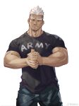  1boy army bara clothes_writing feet_out_of_frame forked_eyebrows frown head_tilt highres large_pectorals looking_at_viewer male_focus mature_male muscular muscular_male original own_hands_together pectorals selkiro shirt solo standing t-shirt thick_eyebrows undercut veins veiny_arms 
