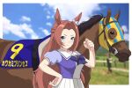  1girl animal_ears blue_eyes bow bowtie braid bridle brown_hair character_name cheesecake_(artist) clenched_hand creature_and_personification from_side hand_on_own_hip highres horse horse_ears horse_girl horse_tail horseshoe_ornament kawakami_princess_(racehorse) kawakami_princess_(umamusume) long_hair looking_at_viewer photo_background puffy_short_sleeves puffy_sleeves purple_bow purple_bowtie purple_serafuku purple_shirt sailor_collar sailor_shirt school_uniform serafuku shirt short_sleeves smile tail tracen_school_uniform umamusume upper_body 