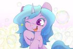  3:2 blue_hair blue_tail bubble chest_tuft detailed_background equid equine fetlocks fur hair hasbro hi_res hooves horn izzy_moonbow_(mlp) mammal mlp_g5 my_little_pony one_eye_closed purple_body purple_eyes purple_fur purple_hooves smile solo tail tuft unicorn unicorn_horn wink zokkili 