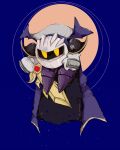  1boy 93nasu cape commentary_request flying highres holding holding_sword holding_weapon kirby_(series) looking_at_viewer male_focus mask meta_knight purple_footwear solo sword weapon yellow_eyes 