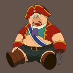  2023 animal_treasure_island anthro bottomwear clothing domestic_pig facial_hair hat headgear headwear hi_res kemono male mammal mustache norijaga overweight overweight_male pirate pirate_hat shorts silver_(animal_treasure_island) simple_background sitting solo suid suina sus_(pig) 