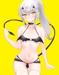  1girl absurdres bare_shoulders bikini black_bikini blush breasts choker collarbone fate/grand_order fate_(series) forked_eyebrows high_ponytail highres long_hair looking_at_viewer melusine_(fate) nagine navel sidelocks small_breasts solo swimsuit tail thighs white_hair yellow_background yellow_eyes 