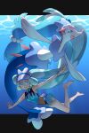  1girl absurdres barefoot blue_eyes blue_hair colored_eyelashes hair_between_eyes hatsune_miku highres loikomax long_hair pokemon pokemon_(creature) potion_(pokemon) primarina project_voltage sea_lion swimsuit tan tanlines twintails underwater very_long_hair visor_cap vocaloid water_miku_(project_voltage) 