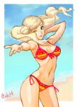  1girl absurdres arm_up artist_name beach bikini blonde_hair blue_eyes blue_sky border breasts closed_mouth contrapposto floating_hair highres long_hair medium_breasts medium_request navel one_eye_closed outstretched_arm ozkh persona persona_5 pink_nails red_bikini red_lips side-tie_bikini_bottom sky solo stomach swimsuit takamaki_anne traditional_media twintails white_border 