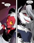  anthro black_clothing canid canid_demon canine clothed clothing collar comic demon digital_media_(artwork) duo english_text female fur hair hellhound helluva_boss hi_res horn humanoid imp loona_(helluva_boss) male mammal moxxie_(helluva_boss) red_body red_sclera red_skin smile speech_bubble spiked_collar spikes swain_(artist) tablet teeth text white_body white_fur white_hair yellow_sclera 