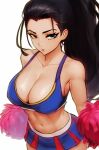  1girl alternate_costume bare_shoulders black_hair blue_eyes breasts cheerleader cleavage collarbone cowboy_shot highres large_breasts long_hair miniskirt navel nico_robin one_piece pom_pom_(cheerleading) ponytail red_lips shiny_skin simple_background skirt solo stomach vivian_opart white_background 
