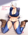  1girl angel_(kof) bangs boots bra breasts chaps cleavage cowboy_boots cropped_jacket fingerless_gloves full_body gloves hair_over_one_eye highres jacket kneeling large_breasts leather leather_jacket looking_at_viewer navel short_hair smile snk solo st.germain-sal strapless strapless_bra the_king_of_fighters the_king_of_fighters_xiv toned underwear 
