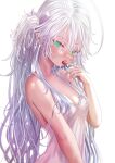  antenna_hair antennae breasts cleavage dress eating elf food fruit green_eyes highres kein_hasegawa long_hair looking_at_viewer no_bra off_shoulder original pointy_ears small_breasts strawberry very_long_hair white_dress white_hair 