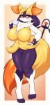  anthro blush braixen breasts brown_eyes container cup female fur generation_4_pokemon generation_6_pokemon hi_res holding_container holding_cup holding_object hybrid lucario nintendo nude pokemon pokemon_(species) simple_background solo spikes spikes_(anatomy) tailzkim yellow_body yellow_fur 