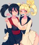  2girls armpit_crease artist_name black_hair blonde_hair bow breasts cleavage condom condom_in_mouth detached_sleeves double-parted_bangs english_text furisode furisode_girl_(pokemon) furisode_girl_kali furisode_girl_katherine grey_background hair_between_eyes hair_tie heart heart-shaped_pupils highres japanese_clothes kimono large_breasts loose_hair_strand medium_breasts mouth_hold multiple_girls nervous nervous_sweating obi one_eye_closed pokemon pokemon_(game) pokemon_xy red_eyes ruinique sash short_hair signature simple_background sweat symbol-shaped_pupils twintails yellow_eyes 