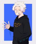  1boy animal_print bandaid bandaid_on_face bandaid_on_nose bat_print black_hoodie blue_background boku_no_hero_academia facing_viewer grin hand_in_pocket highres hood hood_down hooded_sweater hoodie loud_cloud male_focus rnuyvm short_hair sleeves_past_wrists smile solo sweater waving white_hair 