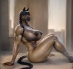  2023 abs absurd_res anthro bangs big_breasts black_hair black_lips braided_pigtails braided_tail breasts brown_body brown_fur equid equine female fur hair hi_res horse huge_breasts keeltheequine leaning leaning_back lips looking_at_viewer makeup mammal muscular muscular_anthro muscular_female nipples nude side_view sitting solo thick_lips 