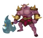  2_horns anthro axe bovid bovine cattle clothed clothing demon_bull_king facial_piercing hi_res holding_axe holding_object holding_weapon hooves horn lego_monkie_kid male mammal muscular muscular_anthro muscular_male nose_piercing peapeafur pecs piercing purple_body simple_background solo teeth weapon white_background 