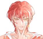  1boy collarbone earrings facepaint facial_mark fingernails haru3433 highres hisoka_morow hunter_x_hunter jewelry long_fingernails looking_at_viewer male_focus red_hair short_hair simple_background smile solo star_(symbol) star_facial_mark teardrop_facial_mark teardrop_tattoo upper_body white_background yellow_eyes 