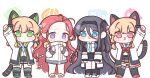  4girls animal_ear_headphones animal_ears arms_up black_hair black_hairband black_shorts black_skirt blonde_hair blue_archive blue_bow blue_eyes blue_halo blue_necktie blush bow cat_ear_headphones cat_ears cat_tail chibi cho_yang closed_mouth commentary fake_animal_ears fake_tail forehead game_development_department_(blue_archive) green_eyes green_halo hair_between_eyes hair_bow hairband halo headphones highres jacket long_hair long_sleeves low-tied_sidelocks midori_(blue_archive) miniskirt momoi_(blue_archive) multiple_girls multiple_hair_bows necktie one_side_up open_mouth orange_halo pink_eyes pink_halo purple_eyes red_bow red_hair short_hair shorts simple_background skirt tail transparent_background very_long_hair white_jacket 