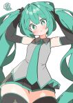  1girl :t absurdres aqua_eyes aqua_hair aqua_necktie blush cowboy_shot elbow_gloves gloves grey_shirt hair_between_eyes hand_in_own_hair hands_in_hair hatsune_miku highres long_hair looking_at_viewer necktie no_nose puffy_cheeks pulling_own_hair raised_eyebrows scribble shiny_skin shirt solo thick_thighs thighs twintails uruti_2388 very_long_hair vocaloid white_background wide-eyed zettai_ryouiki 
