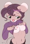  anthro bottomwear breasts clothed clothing clothing_lift female green_eyes hi_res maisie_whisk mammal mouse murid murine narrowed_eyes nipples pants partially_clothed pink_nose rodent shirt shirt_lift simple_background solo topless topwear wick_(artist) 