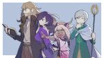  2boys 2girls aluuuuu721 animal_ears beard black_hair book brown_coat brown_hair cloak coat collar dress earrings facial_hair fangs glasses grey_hair hair_over_one_eye hand_on_own_chin highres jewelry long_hair metal_collar multiple_boys multiple_girls ochette_(octopath_traveler) octopath_traveler octopath_traveler_ii one_eye_closed open_book osvald_v._vanstein pointing purple_dress staff stroking_own_chin temenos_mistral throne_anguis white_cloak 