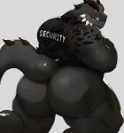  2019 anthro bhtoss big_butt black_body black_scales blush bodily_fluids bottomless bouncer butt clothed clothing facial_horn fangs furgonomics grey_body grey_skin hi_res horn kothu larger_male lizard looking_at_another looking_back male muscular muscular_male nails orange_eyes rear_view reptile scales scalie security security_guard shirt size_difference sweat tank_top tank_top_only teeth thick_thighs topwear topwear_only 