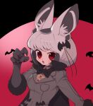  1girl animal_ears bat-eared_fox_(kemono_friends) bat_(animal) blazer bow bowtie elbow_gloves extra_ears fang fox_ears fox_girl gloves grey_hair highres jacket kemono_friends looking_at_viewer notora open_mouth purple_background red_eyes shirt short_hair simple_background upper_body 