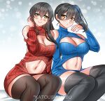  2girls absurdres akagi_(kancolle) alternate_costume black_thighhighs blush breasts brown_eyes brown_hair cleavage hair_between_eyes highres kaga_(kancolle) kantai_collection katou_shinobu large_breasts long_hair long_sleeves looking_at_viewer multiple_girls navel parted_lips side_ponytail thighhighs 