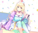  1girl blonde_hair blush braid commentary_request copyright_request e_(eokiba) hat long_hair multicolored_thighhighs nurse_cap pill sitting smile solo thighhighs very_long_hair 