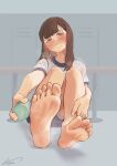  1girl absurdres aiharararara bare_legs barefoot blue_buruma blunt_bangs blush brown_eyes brown_hair buruma closed_mouth commission english_commentary feet foot_focus foreshortening full-face_blush full_body grey_background gym_uniform hand_on_own_leg head_tilt highres indoors knees_up locker locker_room long_hair looking_at_viewer mixed-language_commentary on_ground original parted_bangs shadow shirt short_sleeves signature sitting smell soles solo spray_can steaming_body sweat sweatdrop toes white_shirt 