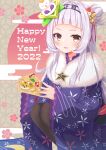  1girl 2022 arched_bangs divergenceok grey_hair hair_bun hair_ornament happy_new_year highres hololive japanese_clothes kimono murasaki_shion new_year print_kimono yellow_eyes 