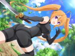  1girl ahoge arm_belt armpit_crease armpits ass belt black_bodysuit black_gloves black_thighhighs blonde_hair blue_sky bodysuit branch breasts building city cityscape cloud crossover day elbow_gloves falling_leaves forest gloves grass hair_between_eyes hairband high_school_dxd high_school_dxd_new holding holding_sword holding_weapon horizon impossible_bodysuit impossible_clothes katana large_breasts leaf lens_flare light_particles long_hair looking_at_viewer median_furrow nature ocean official_art open_mouth outdoors plant purple_eyes senran_kagura senran_kagura_new_link shidou_irina shiny_skin skin_tight sky skyscraper smile solo sword thigh_belt thigh_strap thighhighs tongue tree tsuba_(guard) tsuka-ito tsuka_(handle) twintails underbust unsheathed water weapon yaegashi_nan 