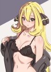  1girl asairosora bare_shoulders black_bra black_coat blonde_hair blush bra breasts brown_eyes closed_mouth coat collarbone commentary_request cynthia_(pokemon) expressionless grey_background hair_between_eyes hair_ornament hand_up highres long_hair long_sleeves looking_at_viewer medium_breasts navel no_shirt open_clothes open_coat pokemon pokemon_(game) pokemon_dppt shiny_skin sidelocks simple_background solo standing stomach two-tone_background underwear undressing upper_body 