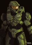  1boy absurdres arlock artist_name black_background halo_(series) helmet highres looking_to_the_side male_focus master_chief power_armor science_fiction solo spartan_(halo) 