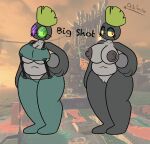  anthro areola big_breasts big_shot_(splatoon) bottomwear breasts cleavage clothed clothing eyelashes eyeshadow eyewear female fish genitals glasses green_bottomwear green_clothing green_eyeshadow green_eyewear green_glasses green_hair green_pants green_topwear grey_areola grey_body grey_nipples grey_scales hair hi_res huge_breasts looking_at_viewer makeup marine navel nintendo nipples octo_toaster overweight overweight_female pants purple_eyewear purple_glasses pussy red_eyes salmon salmonid_(fish) salmonid_(splatoon) scales solo splatoon suspenders thick_thighs topwear under_boob wide_hips yellow_sclera 