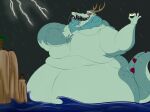  2023 anthro aquatic_dragon bathtub belly big_belly claws dragon dragon_king_(the_monkey_king) eastern_dragon electricity facial_hair fangs giransss half-closed_eyes hand_on_chest hi_res holding_object horn lightning lightning_bolt long_mustache macro male mane marine morbidly_obese morbidly_obese_anthro morbidly_obese_male mustache narrowed_eyes nude obese obese_anthro obese_male open_mouth overweight overweight_anthro overweight_male partially_submerged raised_tail red_eyes scales scalie smile solo tail teeth the_monkey_king_(netflix) water wave 