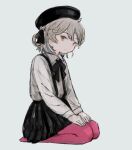  1girl alternate_legwear asasow beret black_headwear black_ribbon black_skirt brown_eyes collared_shirt commentary_request from_side full_body grey_background grey_hair grey_shirt hair_ribbon hands_on_lap hat hatoba_tsugu long_sleeves looking_at_viewer looking_to_the_side medium_hair neck_ribbon no_shoes pantyhose pink_pantyhose pleated_skirt ribbon seiza shirt simple_background single_hair_ring sitting skirt solo suspender_skirt suspenders tsugu_(vtuber) virtual_youtuber 