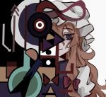  1girl arrow_(symbol) bow circle commentary hair_bow hat hat_ribbon long_hair looking_at_viewer mob_cap red_bow red_ribbon ribbon shindiyue solo square symbol-only_commentary touhou triangle white_background yakumo_yukari 
