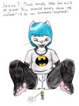  3:4 5_toes bat_symbol batman_(series) blue_hair butt_crush clothed clothing dc_comics dialogue domestic_cat dylbun english_text feet felid feline felis green_eyes group hair hi_res humanoid_feet looking_at_another looking_down looking_up macro male mammal micro open_mouth open_smile paws pink_nose plantigrade shaking shirt simple_background size_difference smile source_request t-shirt text toes topwear traditional_media_(artwork) trembling underwear whiskers white_background 