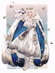  1boy absurdres arthropod_boy blanca_(fate) blue_eyes bug butterfly cloak crown diamond_hairband dress fate/grand_order fate_(series) full_body fur-trimmed_cloak fur_trim highres long_sleeves looking_at_viewer maidhao male_focus medium_hair moth no_wings oberon_(fate) signature smile white_cloak white_dress white_hair 