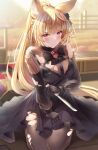  1girl animal_ears black_dress black_gloves blonde_hair blush dagger dress erune gloves granblue_fantasy highres keima_ron kneeling knife long_hair pantyhose ponytail purple_eyes reverse_grip tearing_up torn_clothes torn_pantyhose weapon yuisis_(granblue_fantasy) 