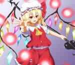  1girl ascot blonde_hair breasts collared_shirt cowboy_shot crystal fangs flandre_scarlet frilled_headwear frilled_shirt_collar frilled_skirt frills glowing glowing_wings gradient_background hair_between_eyes hat hat_ribbon highres holding holding_polearm holding_weapon laevatein_(touhou) looking_at_viewer medium_hair mob_cap multicolored_wings one_side_up open_mouth outstretched_arm outstretched_hand polearm puffy_short_sleeves puffy_sleeves purple_background red_eyes red_ribbon red_skirt red_vest ribbon sasa_(weldan6) shirt short_sleeves simple_background skirt skirt_set small_breasts solo teeth touhou vest weapon white_headwear white_shirt wings yellow_ascot 