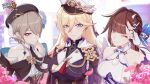  3girls bare_shoulders belt beret bianka_durandal_ataegina bianka_durandal_ataegina_(valkyrie_gloria) black_belt blonde_hair blue_eyes breasts brown_hair closed_mouth falling_petals fingerless_gloves flower gloves hair_between_eyes hair_over_one_eye hat highres honkai_(series) honkai_impact_3rd large_breasts li_sushang li_sushang_(jade_knight) light_brown_hair logo looking_at_viewer multiple_girls official_alternate_costume official_art official_wallpaper one_eye_closed parted_lips petals pink_flower pink_rose rita_rossweisse rita_rossweisse_(umbral_rose) rose smile upper_body 