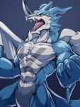  1other clenched_hands dark_blue_background digimon digimon_(creature) highres horns no_humans open_mouth sharp_teeth simple_background single_horn solo teeth tosaka_rai xv-mon 