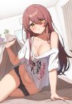 1girl absurdres arm_support bed_sheet black_shorts blanket blush breasts cleavage collarbone dolphin_shorts hair_between_eyes highres holding holding_blanket idolmaster idolmaster_shiny_colors lifting_covers long_hair looking_at_viewer medium_breasts navel no_bra on_bed open_mouth osaki_tenka red_hair shirt short_shorts shorts sitting solo sweat swept_bangs under_covers wanimaru white_shirt yellow_eyes 